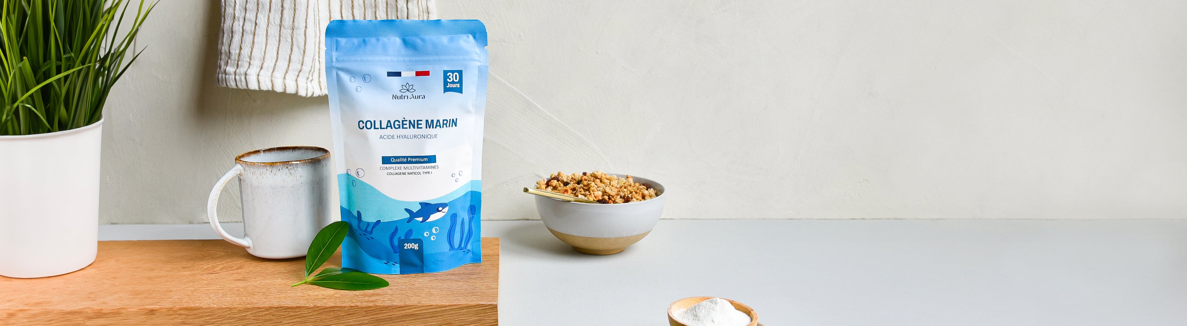 image de collagène marin de la marque NutriAura, un collagene marin avec vitamine C et acide hyaluronique de qualité premium
