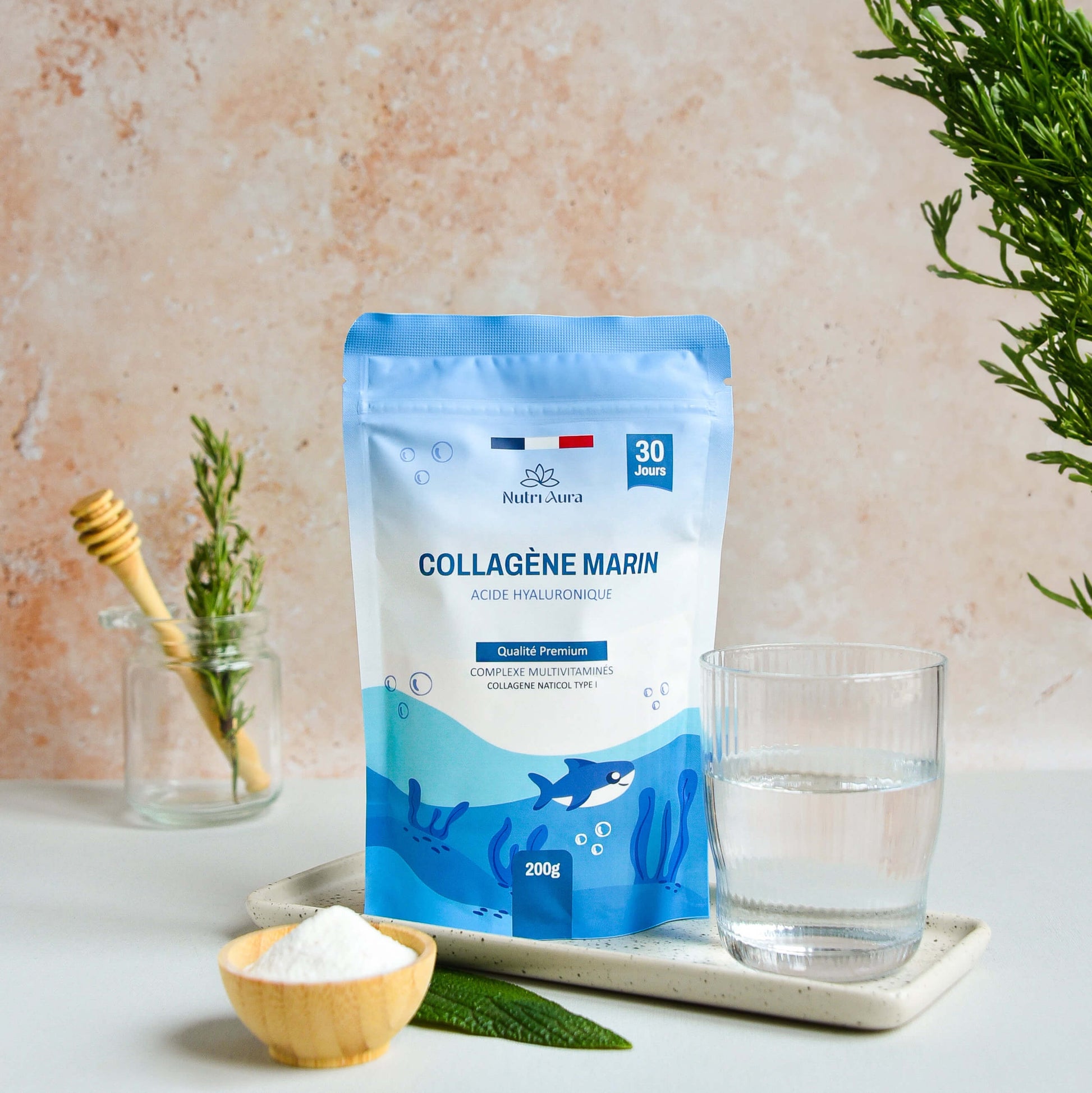 image de collagène marin de la marque NutriAura, un collagene marin avec vitamine C et acide hyaluronique de qualité premium