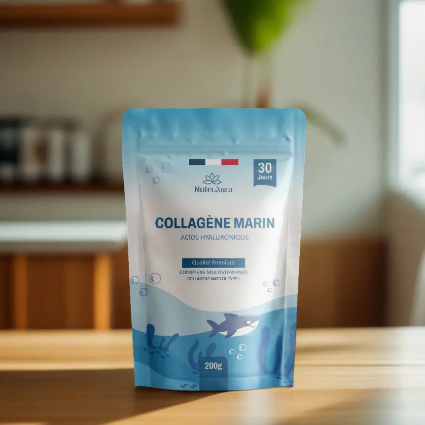 image de collagène marin de la marque NutriAura, un collagene marin avec vitamine C et acide hyaluronique de qualité premium